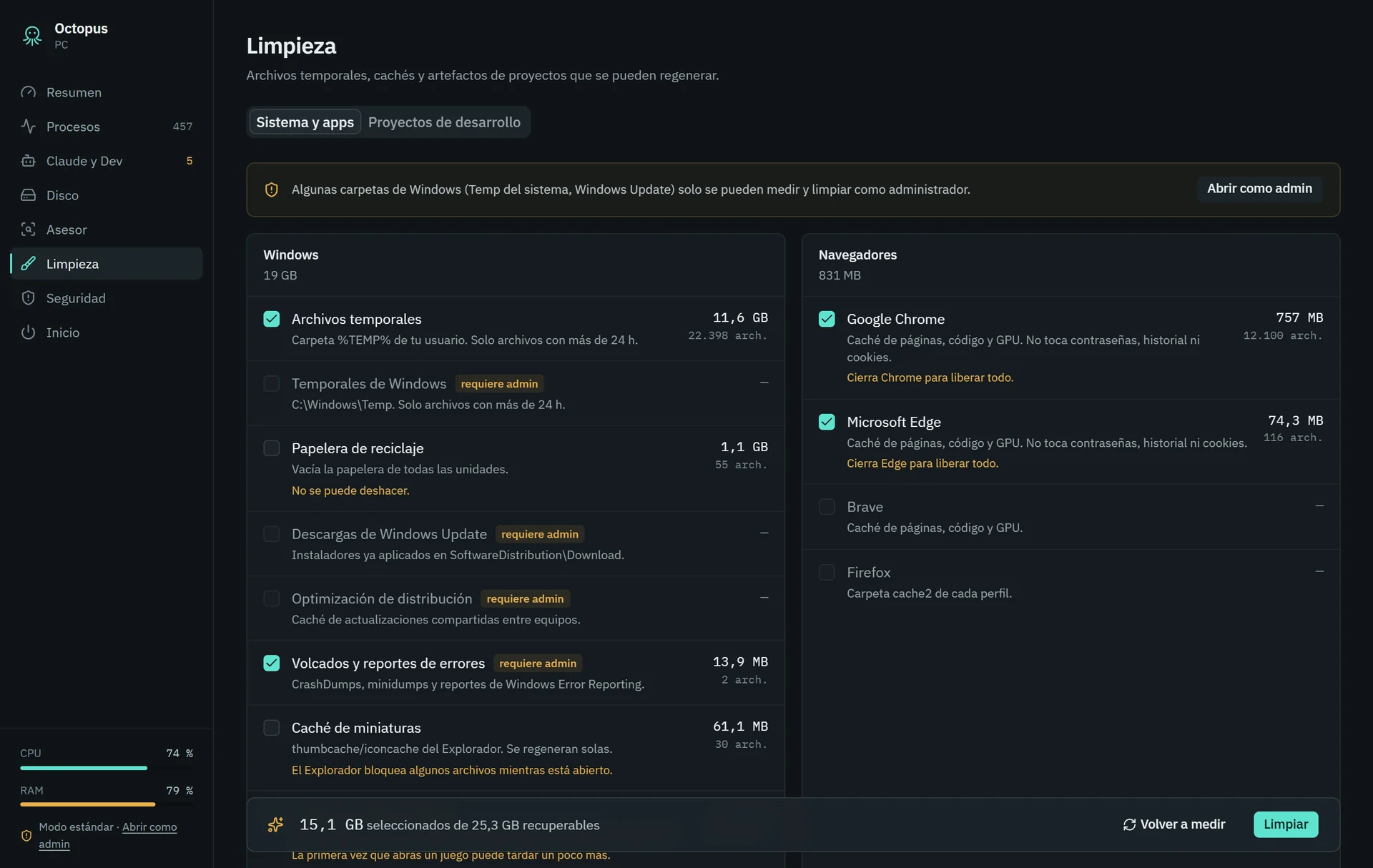 Limpieza: temporales, cachés de navegadores y más, con lo que pesa cada cosa